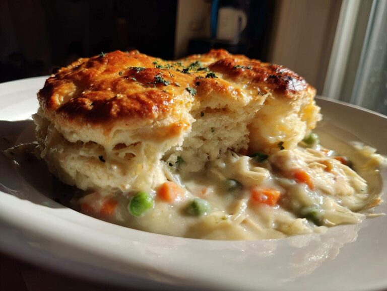 Close-up of chicken pot pie with biscuits, showing creamy filling with peas and carrots spilling out.