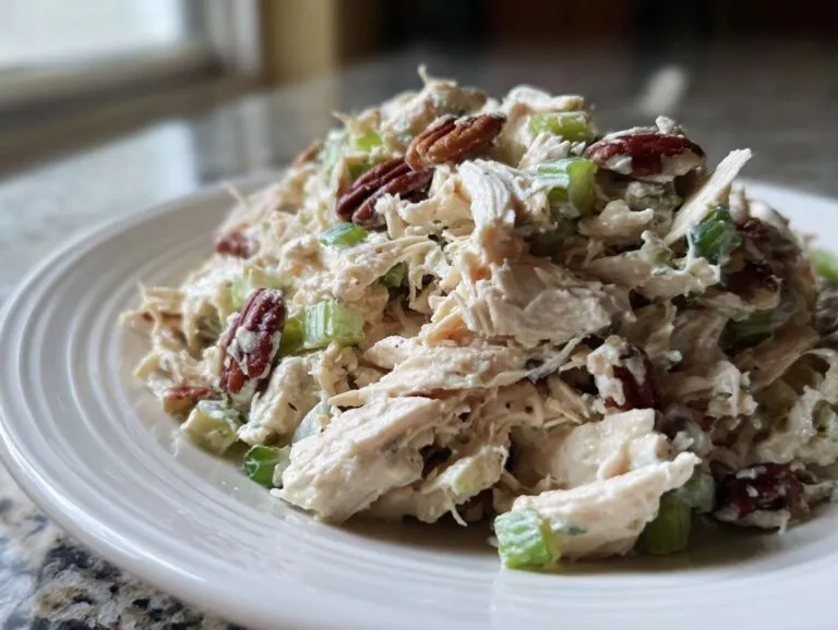 Close-up of a creamy chicken salad recipe featuring shredded chicken, celery, and whole pecans on a white plate.