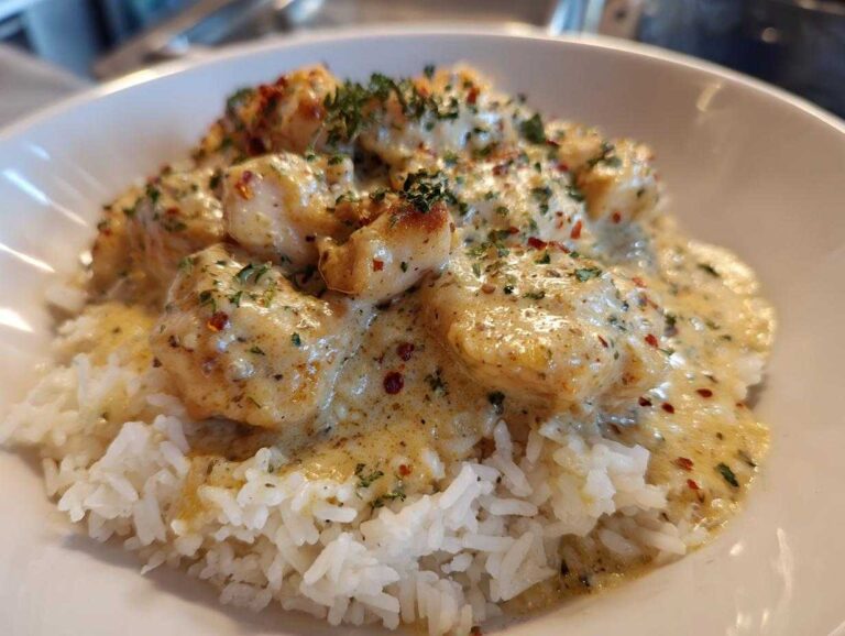 Close-up of creamy chicken scampi served over fluffy white garlic parmesan rice, garnished with herbs.