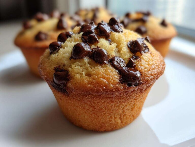 A close-up, featured image of a golden brown chocolate chip muffin topped with melted chocolate chips.