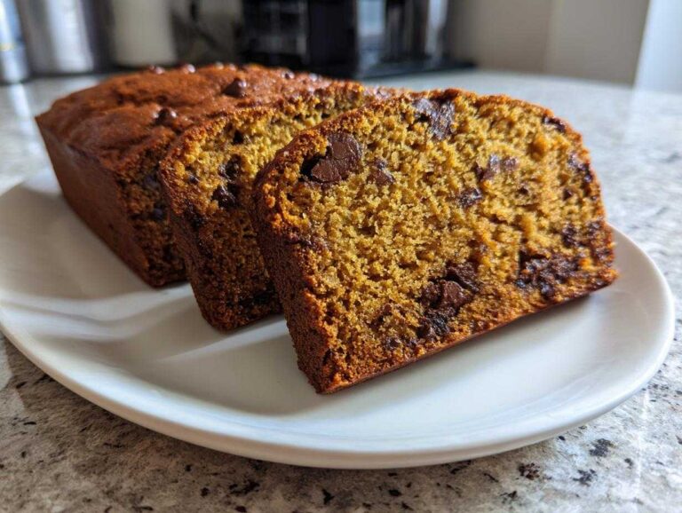 Close-up of sliced chocolate chip protein banana bread on a white plate.