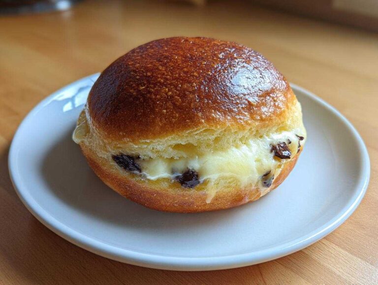 A golden-brown, glossy chocolate chip vanilla custard brioche, sliced and filled with creamy custard and chocolate pieces.