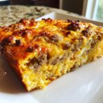 Close-up of a hearty slice of Christmas breakfast casserole featuring layers of egg, sausage, and melted, browned cheese.