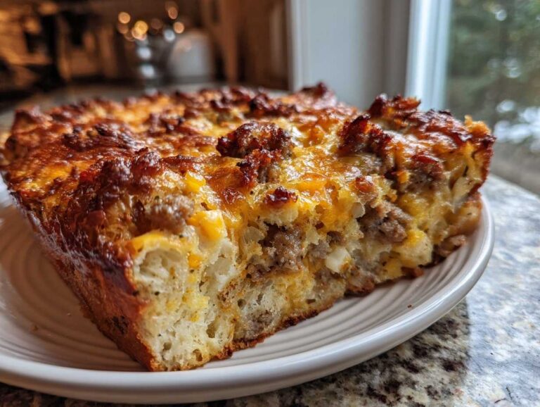 Close-up of a hearty slice of Christmas breakfast casserole featuring browned sausage and melted cheese topping.