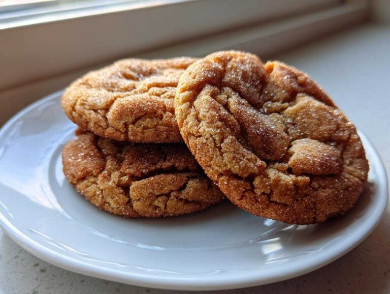 Three soft, crinkly cinnamon cookies coated in sugar stacked on a white plate near a window.