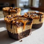 A cross-section view of a cookie butter cheesecake cup showing the dark crust, creamy filling, and caramel/chocolate drizzle.
