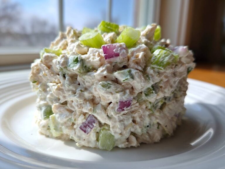 A perfectly molded serving of creamy cottage cheese chicken salad topped with celery and red onion.