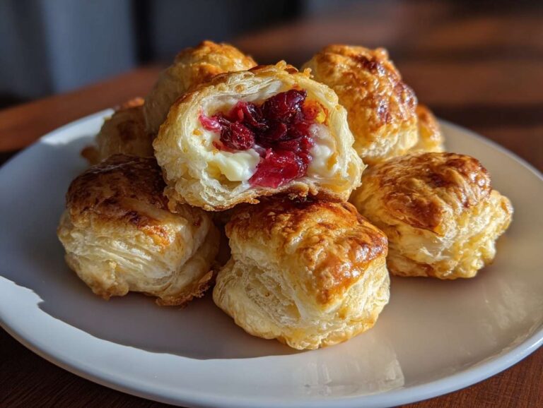 Close-up of golden baked cranberry brie bites, one cut open showing melted brie and cranberry filling.