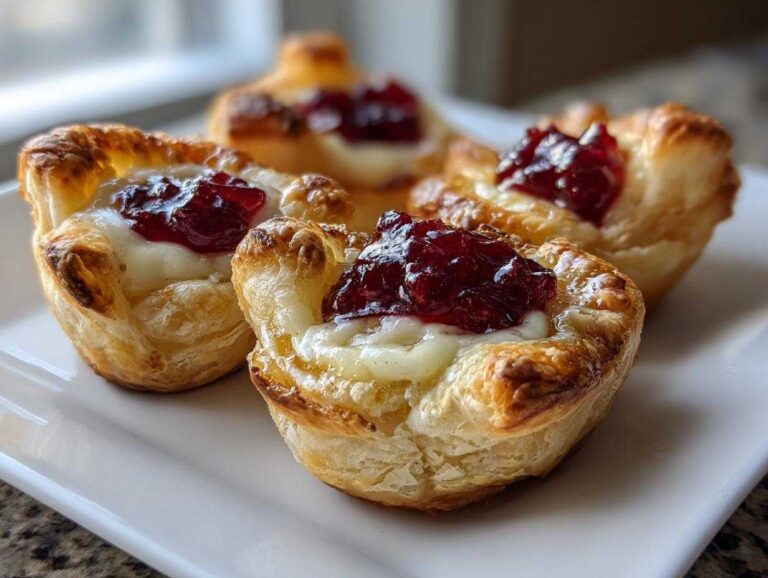 Close-up of three golden, flaky cranberry brie bites topped with melted brie and dark red cranberry sauce.