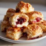 A stack of golden-brown cranberry brie bites, one cut open showing melted brie and dark red cranberries inside.