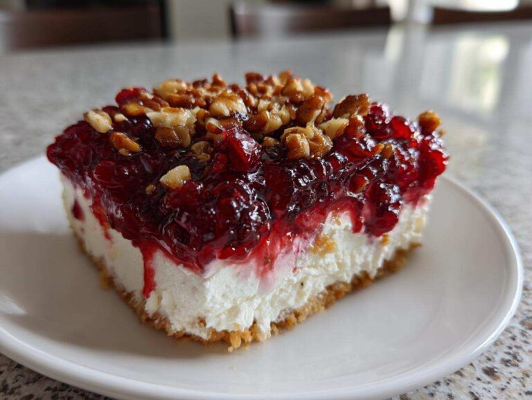 A square serving of cranberry cream cheese dip, layered with crust, cream cheese, and topped with cranberry sauce and pecans.