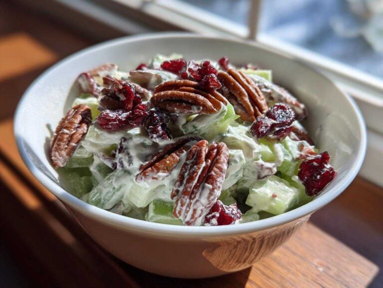 Close-up of a creamy celery salad mixed with pecans and dried cranberries in a white bowl.