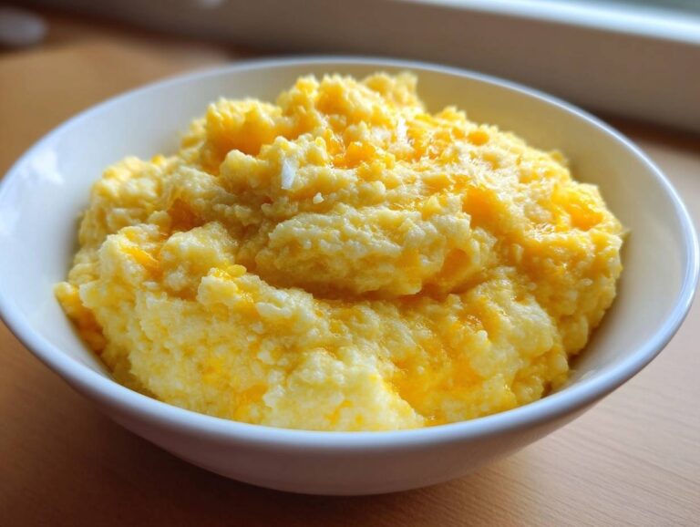 A close-up of a white bowl filled with creamy, bright yellow cheese grits topped with melted cheddar.