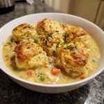 A white bowl filled with creamy chicken and dumplings with biscuits, garnished with parsley.