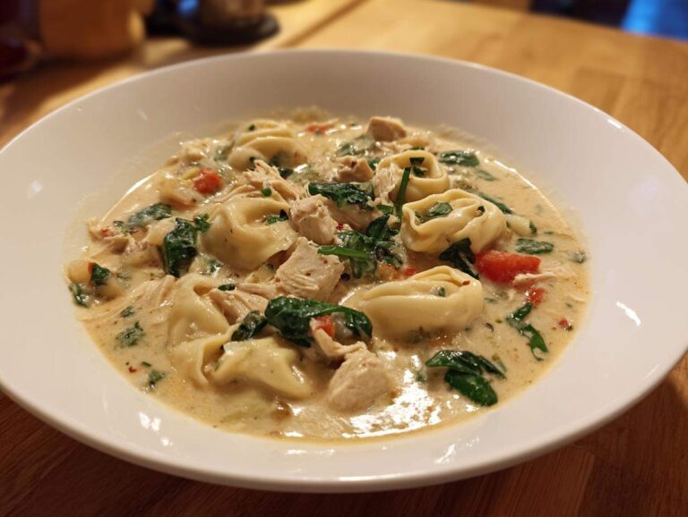 A close-up of a hearty bowl of creamy chicken tortellini soup with spinach and tomatoes.