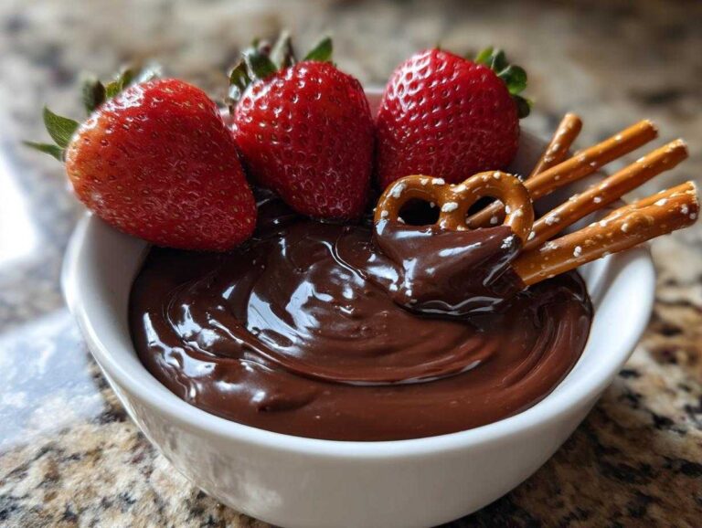 A bowl of creamy chocolate dip featuring fresh strawberries and pretzels ready for dipping.