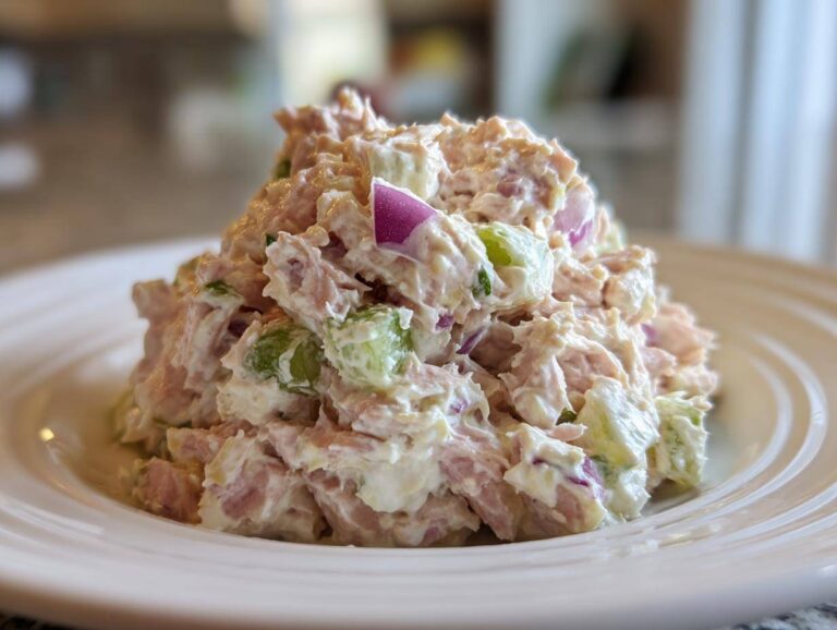 A mound of creamy ham salad mixed with green grapes and red onion chunks served on a white plate.