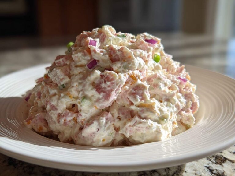 A generous mound of creamy ham salad recipe mixed with diced red onion and celery on a white plate.