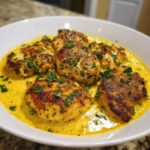 Close-up of seared chicken breasts smothered in a rich, yellow creamy lemon chicken sauce and topped with fresh parsley.
