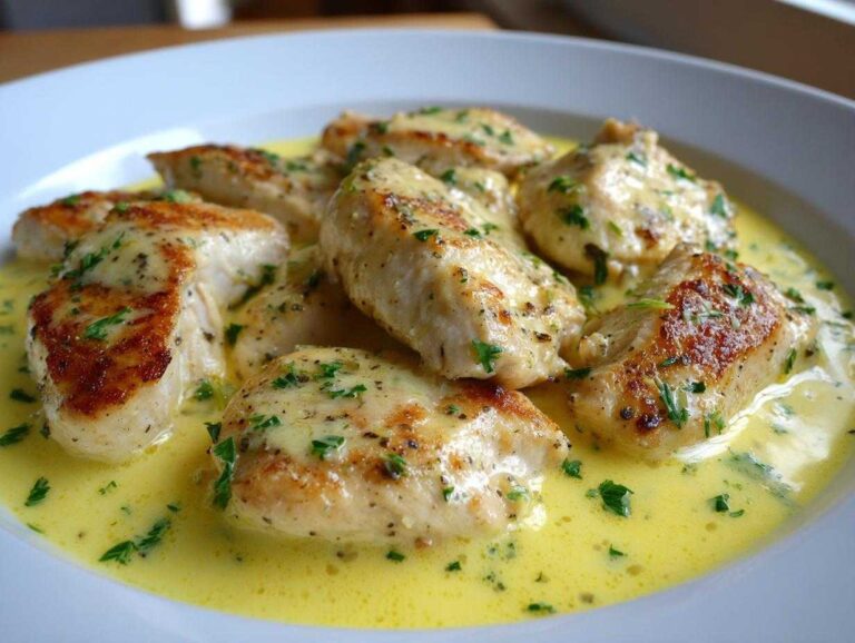 Close-up of seared chicken pieces covered in a rich, creamy lemon chicken sauce and garnished with parsley.