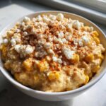 Close-up of a white bowl filled with creamy mexican street corn dip, topped with cotija cheese crumbles and chili powder.