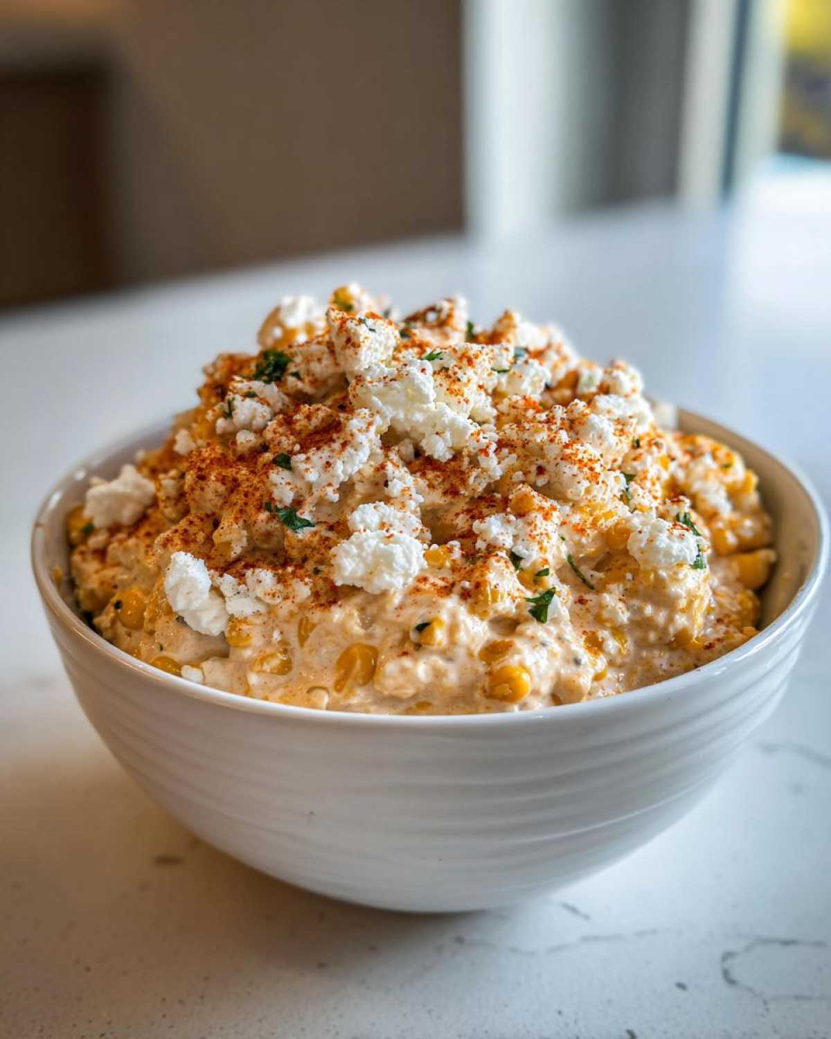 Close-up of a white bowl filled with creamy mexican street corn dip, topped with cotija cheese and chili powder.