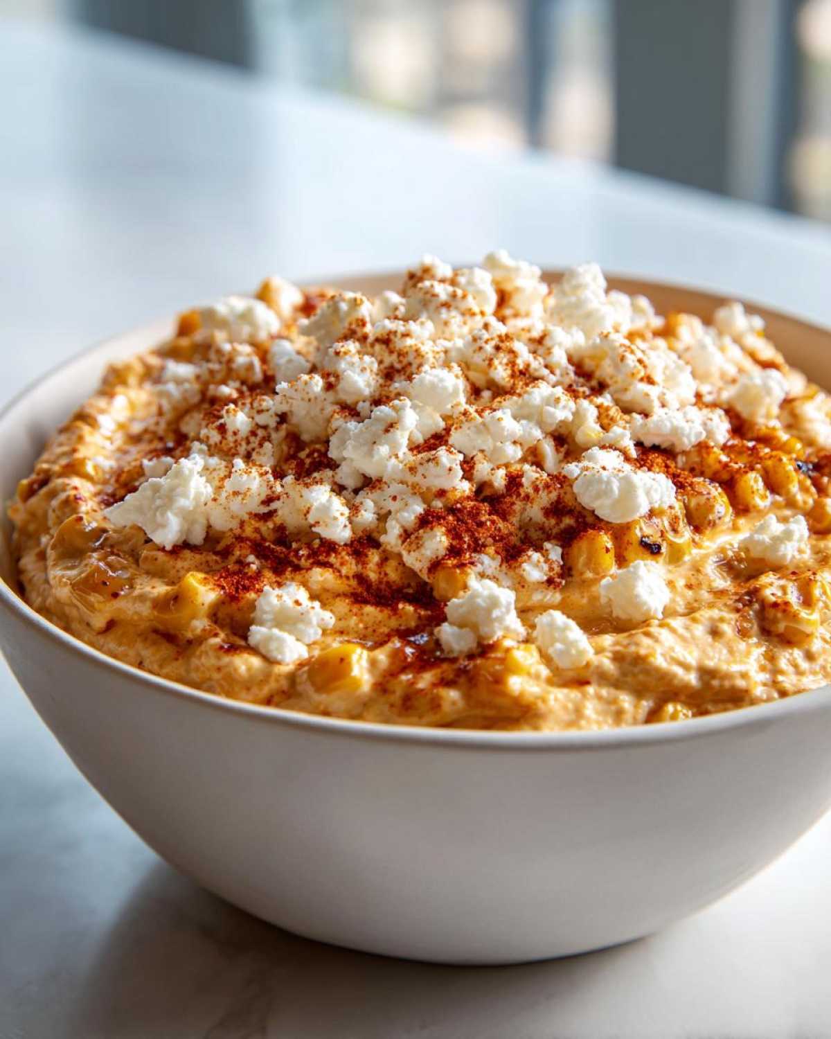 A white bowl filled with creamy mexican street corn dip, topped generously with crumbled white cheese and chili powder.