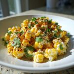 A close-up of creamy mexican street corn salad featuring charred corn kernels, white cheese, and fresh cilantro.