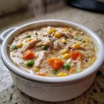 Close-up of a steaming white bowl filled with creamy pot pie soup, featuring shredded chicken, carrots, peas, and corn.
