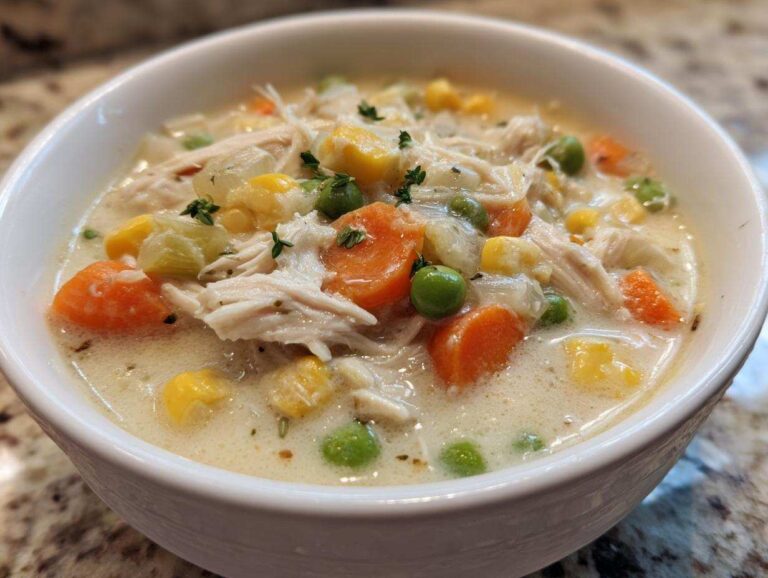 Close-up of a creamy bowl of pot pie soup filled with shredded chicken, carrots, peas, and corn.