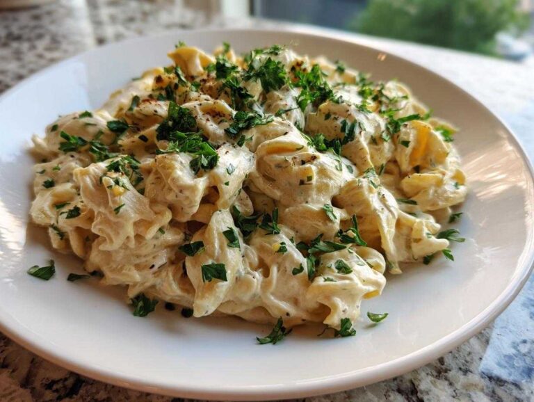 Close-up of a bowl of creamy protein pasta tossed in a rich sauce and topped with fresh chopped parsley.