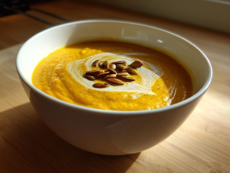 A close-up of vibrant orange creamy pumpkin soup in a white bowl, swirled with cream and topped with pumpkin seeds.