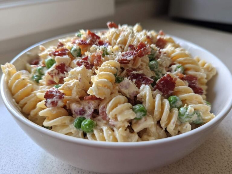 A close-up of a white bowl filled with creamy ranch pasta salad featuring fusilli, green peas, and crumbled bacon.