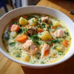 Close-up of a bowl of creamy salmon soup filled with chunks of pink salmon, potatoes, carrots, and fresh dill.