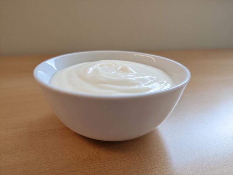 A small white bowl filled with a swirl of thick, creamy topping, likely sour cream or crème fraîche, for cauliflower soup.