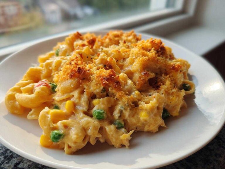 A close-up of a portion of creamy tuna pasta bake with corn, peas, and a golden brown breadcrumb topping.
