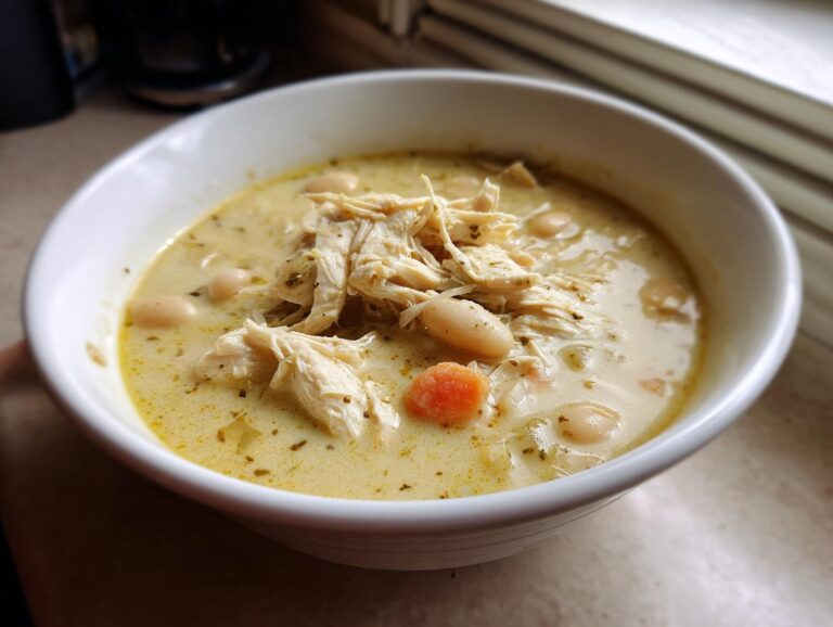 Close-up of a white bowl filled with creamy white chicken chili recipe, topped with shredded chicken and white beans.