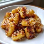 Close-up of golden brown, crispy air fryer gnocchi tossed in seasoning and topped with grated Parmesan cheese.
