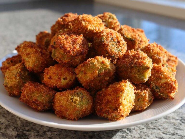 A mound of perfectly golden brown, crispy fried okra recipe pieces piled high on a white plate.