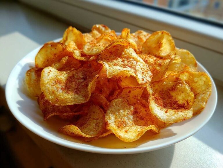 A close-up of a white bowl filled with freshly made, crispy potato chips seasoned with paprika.