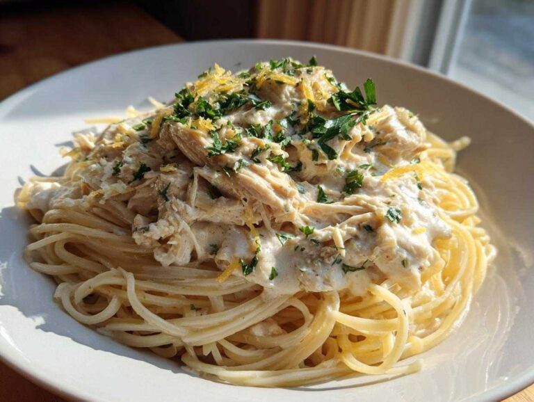 A bowl of spaghetti topped with creamy crock pot angel chicken, garnished with cheese and parsley.