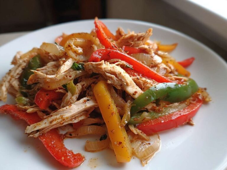 Shredded chicken mixed with sautéed red, green, and yellow bell peppers and onions for crockpot chicken fajitas.
