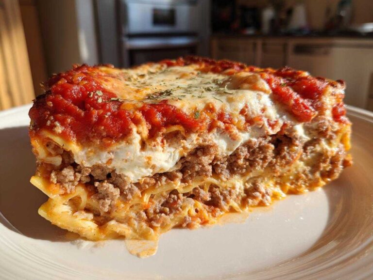 Close-up of a thick slice of crockpot lasagna showing layers of pasta, meat sauce, and melted cheese.