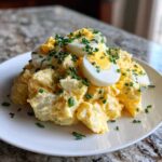 A mound of creamy deviled egg potato salad topped with hard-boiled egg halves and fresh chopped chives.