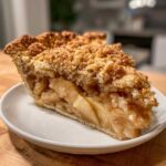 A close-up of a thick slice of dutch apple pie showing tender apple filling and a golden crumb topping.