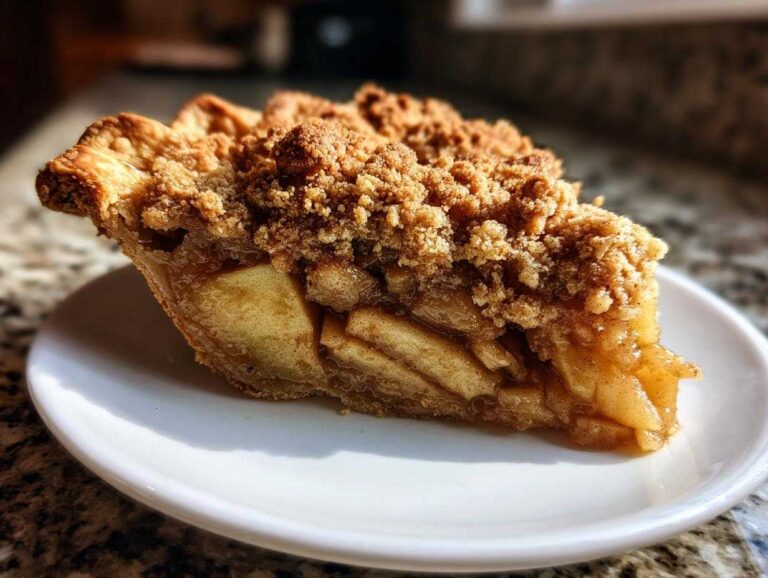 Close-up of a thick slice of dutch apple pie showing tender apples and a rich crumb topping.