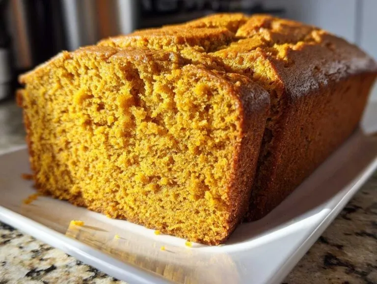 Close-up of a freshly baked, moist loaf of easy pumpkin bread sitting on a white rectangular plate.