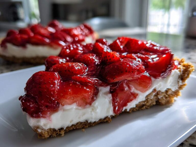 Close-up of a thick slice of easy strawberry pie with a graham cracker crust and creamy filling.