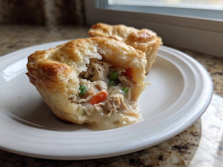 A flaky crust mini chicken pot pies is broken open, revealing creamy filling with shredded chicken, carrots, and peas.