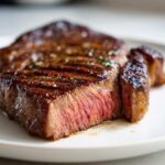 Close-up of a juicy, medium-rare ribeye steak showing grill marks and a perfectly seared crust.